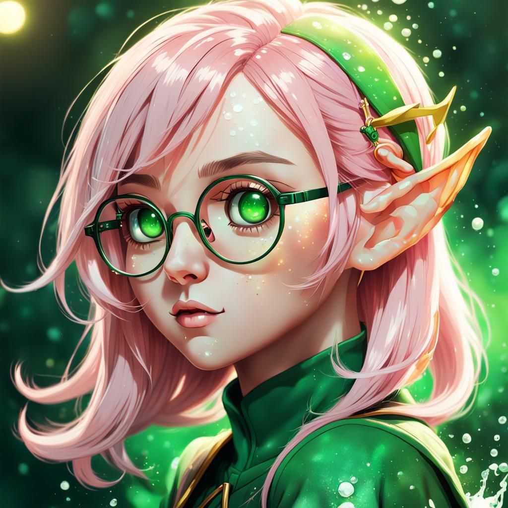 Anime Elf Girl with Pink Hair and Glasses