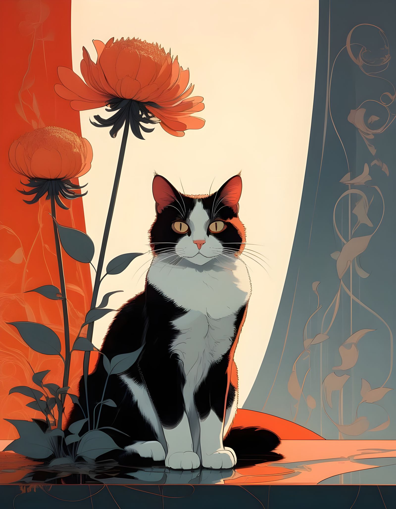 Cat Under Flower in Atmospheric Digital Art Style