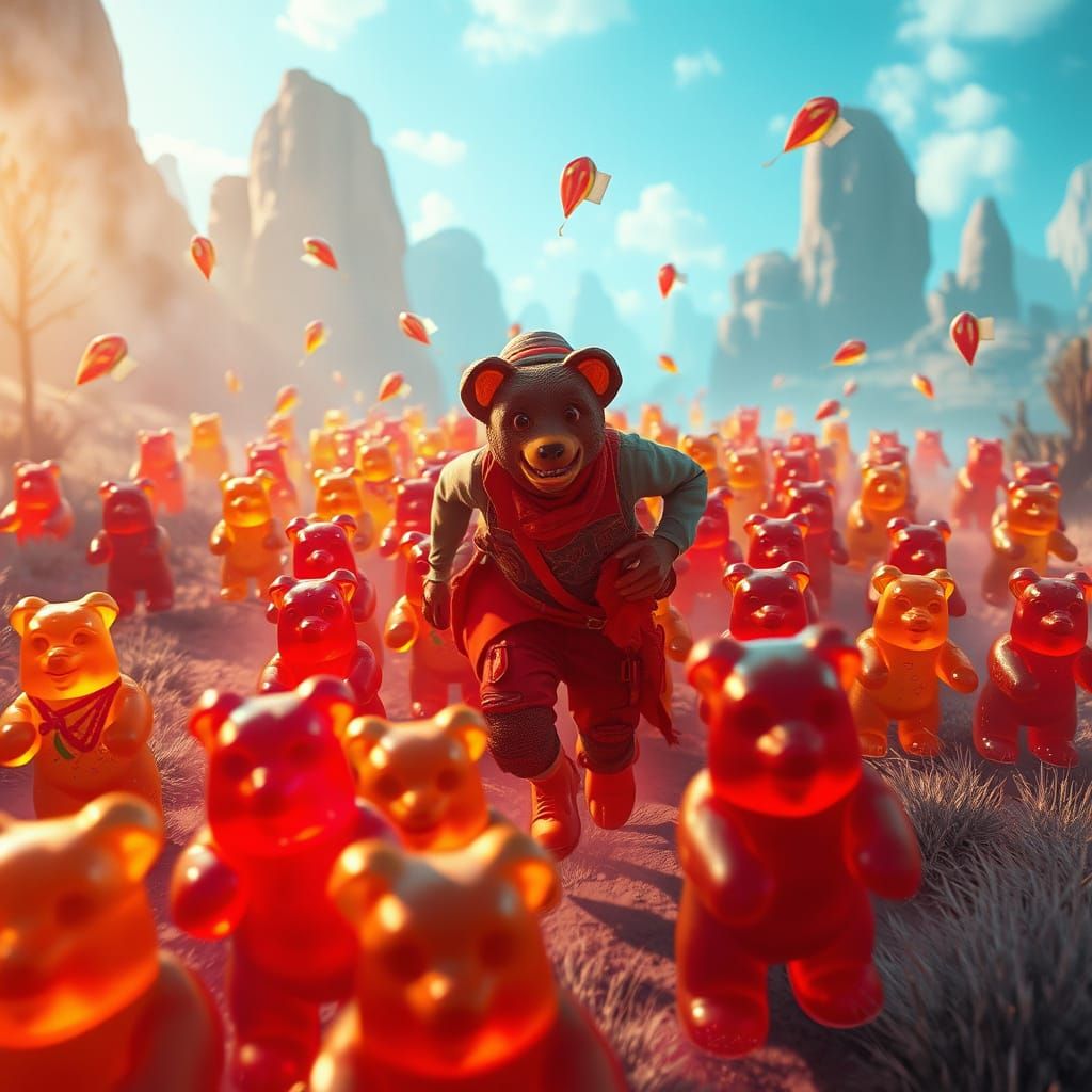 Gummy Bears Chase Through Vibrant Dreamscapes