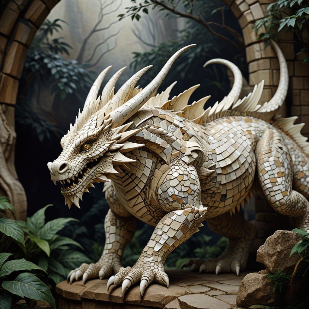 Fantastical Dragon Mosaic in Ancient Beige and Ivory