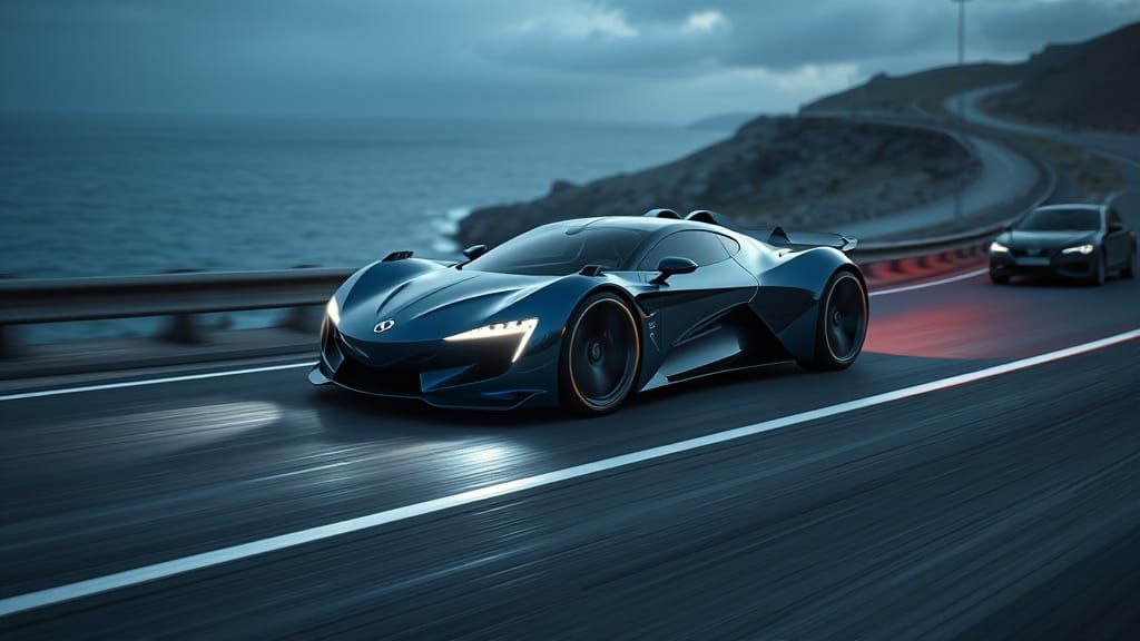 Midnight Blue German Concept Car Speeds Down Coastal Highway...