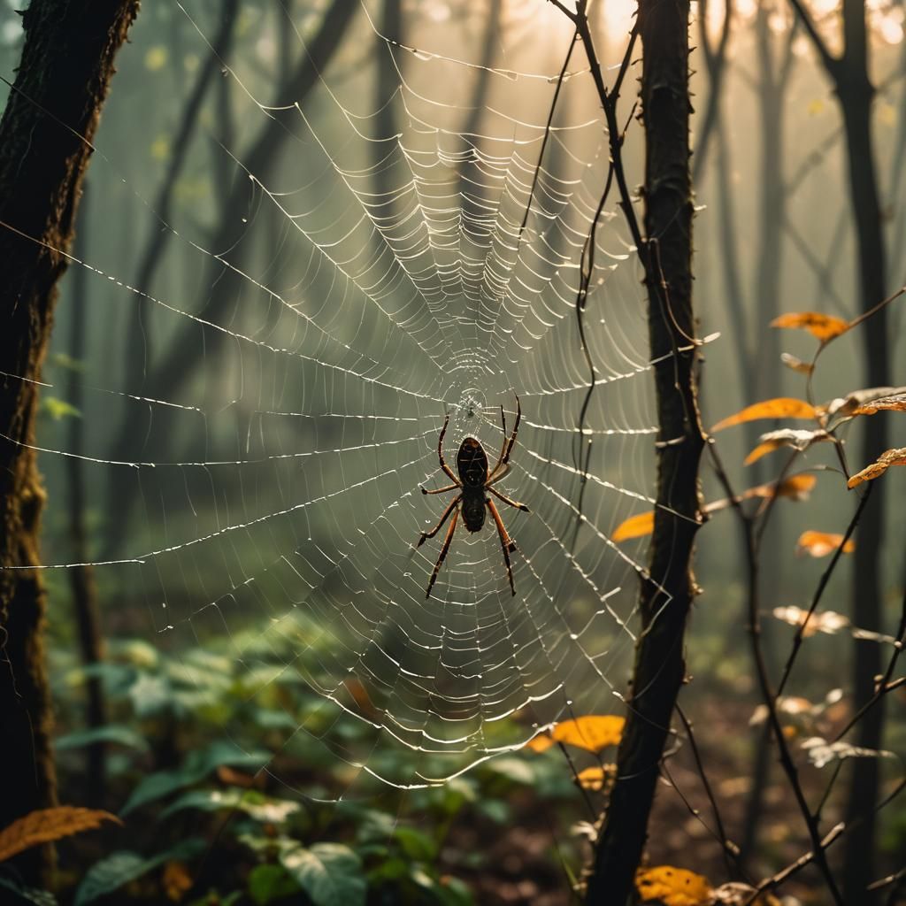 Spider Repairs Web in Misty Forest: Cinematic Still