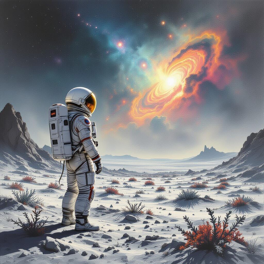 Astronaut Gazing at Nebula on Alien Planet