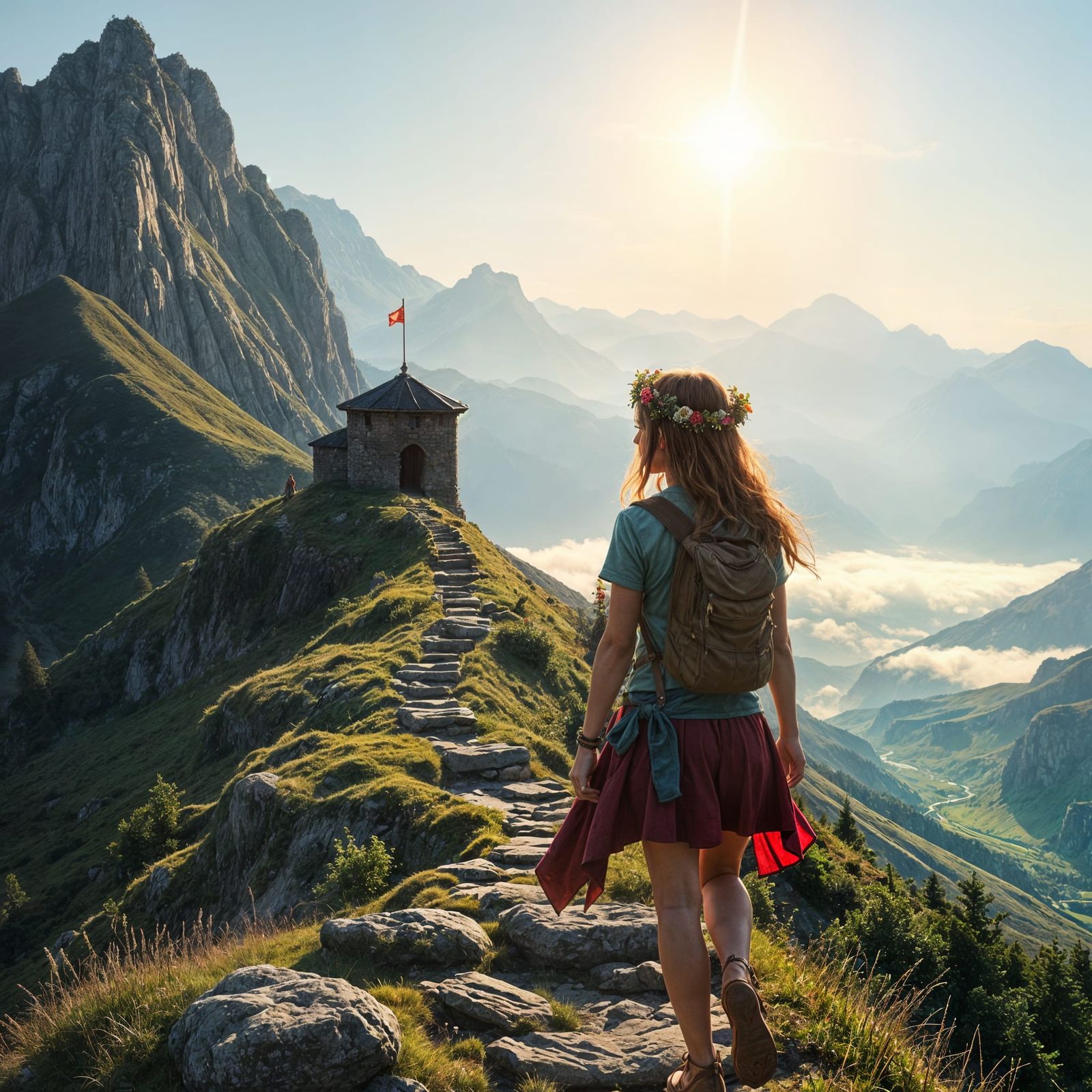 Ethereal Fantasy Maiden Ascends Enchanted Mountain Pass