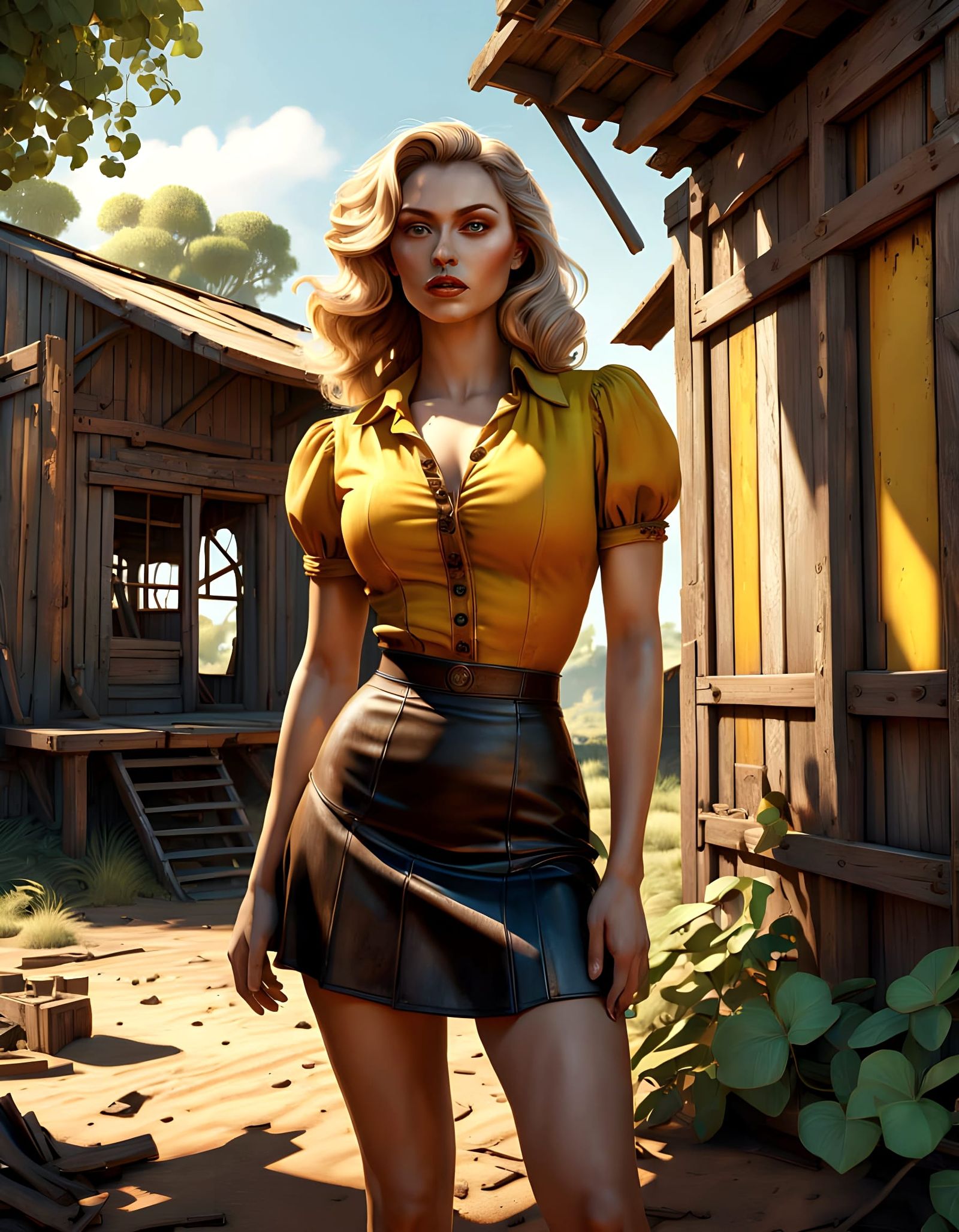 Sultry Blonde Woman in Bright Yellow Polka Dots, Wearing a M...