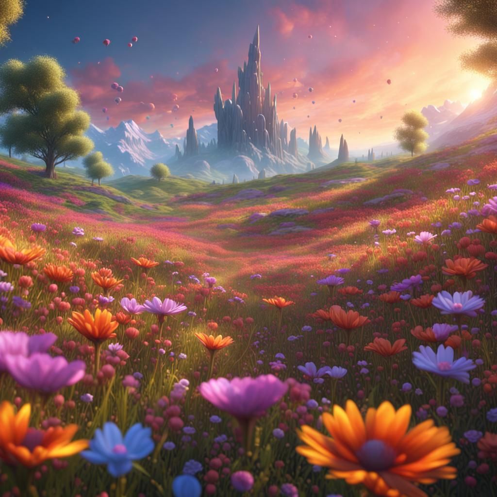 Colorful Flower Meadow in Detailed Digital Painting