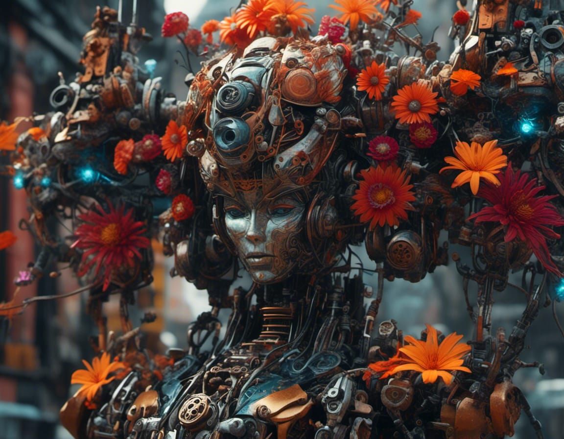 Vibrant Mecha Flower Bouquet in Anime Style