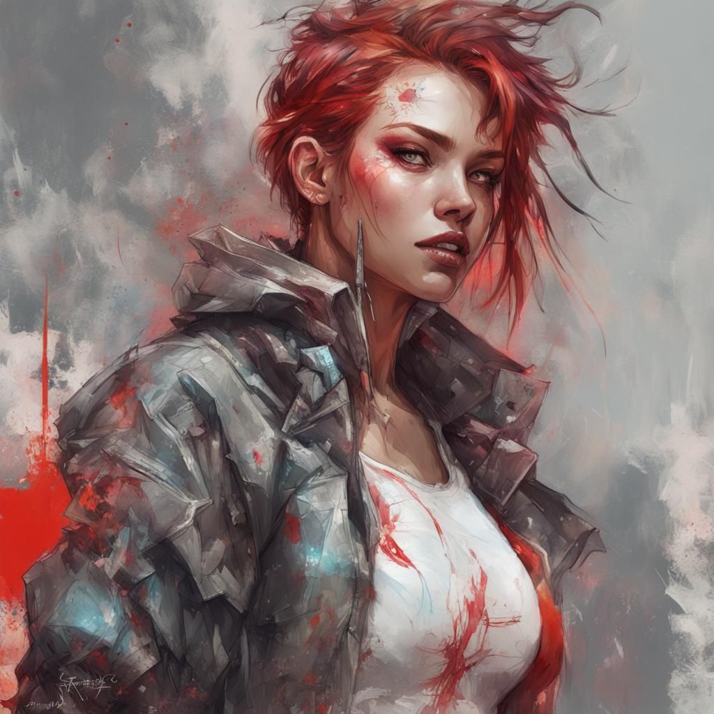 Cyberpunk Summer Babe Portrait in Inkpunk Style