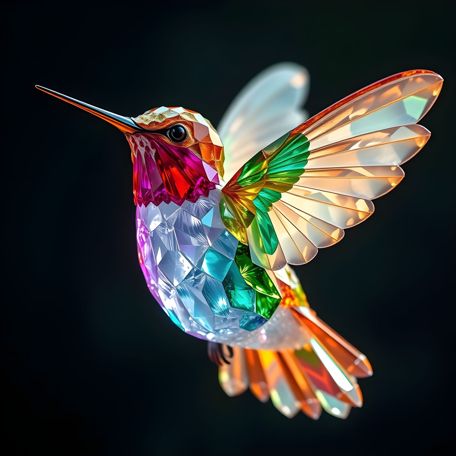 A hummingbird composed of quartz, topaz, ruby and emerald ge...