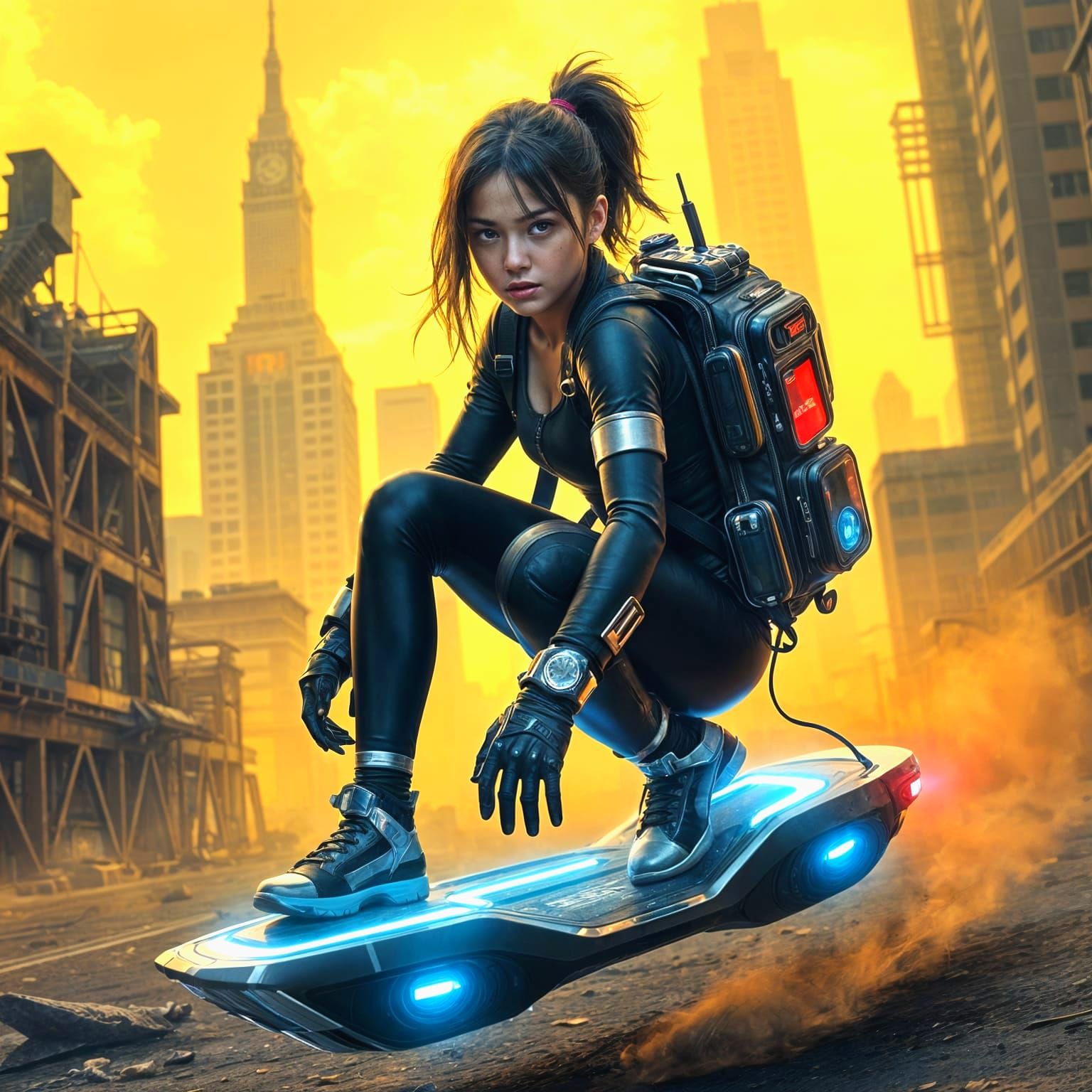 Teenage Girl on Hoverboard in Yellow Mist