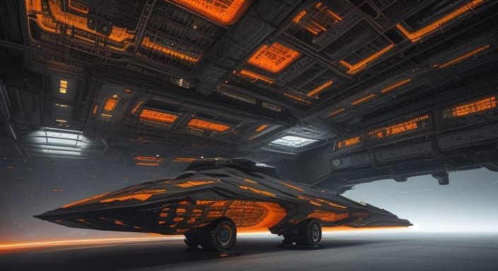 Sci-Fi Laboratory on Spaceship with Fiery Planet
