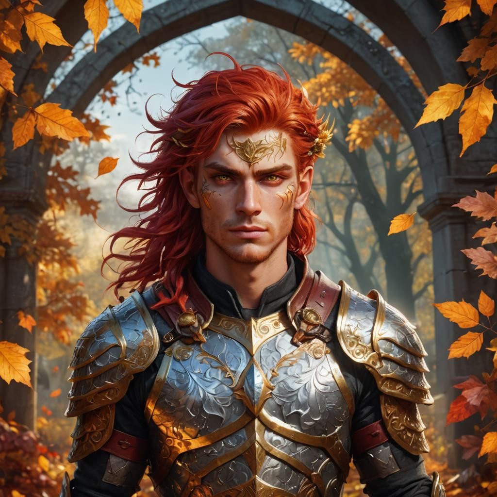 A detailed, beautiful, young fae male warrior. With red hair...