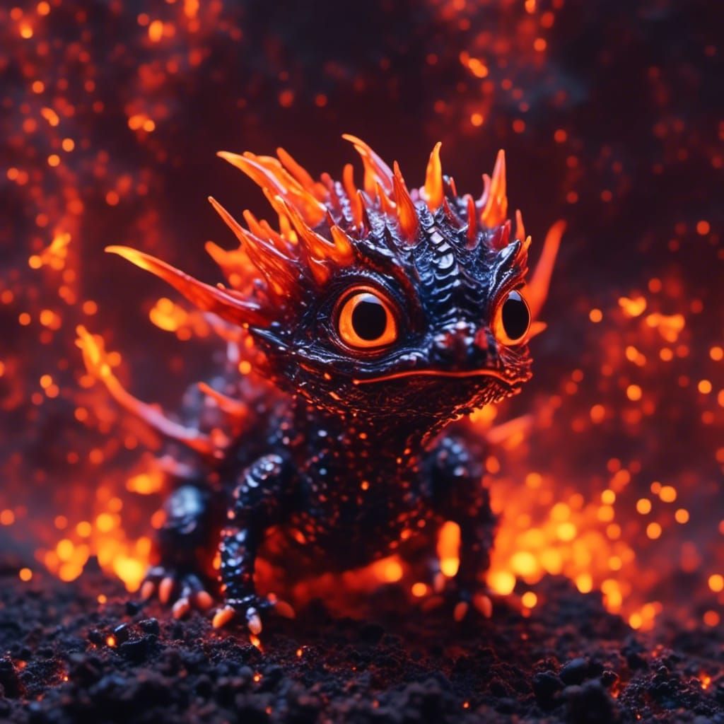 Flaming Ember Dragon Hatchling in Lava Microportrait