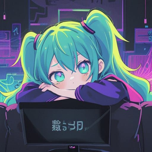 Vibrant Anime Girl in Neon Cityscape