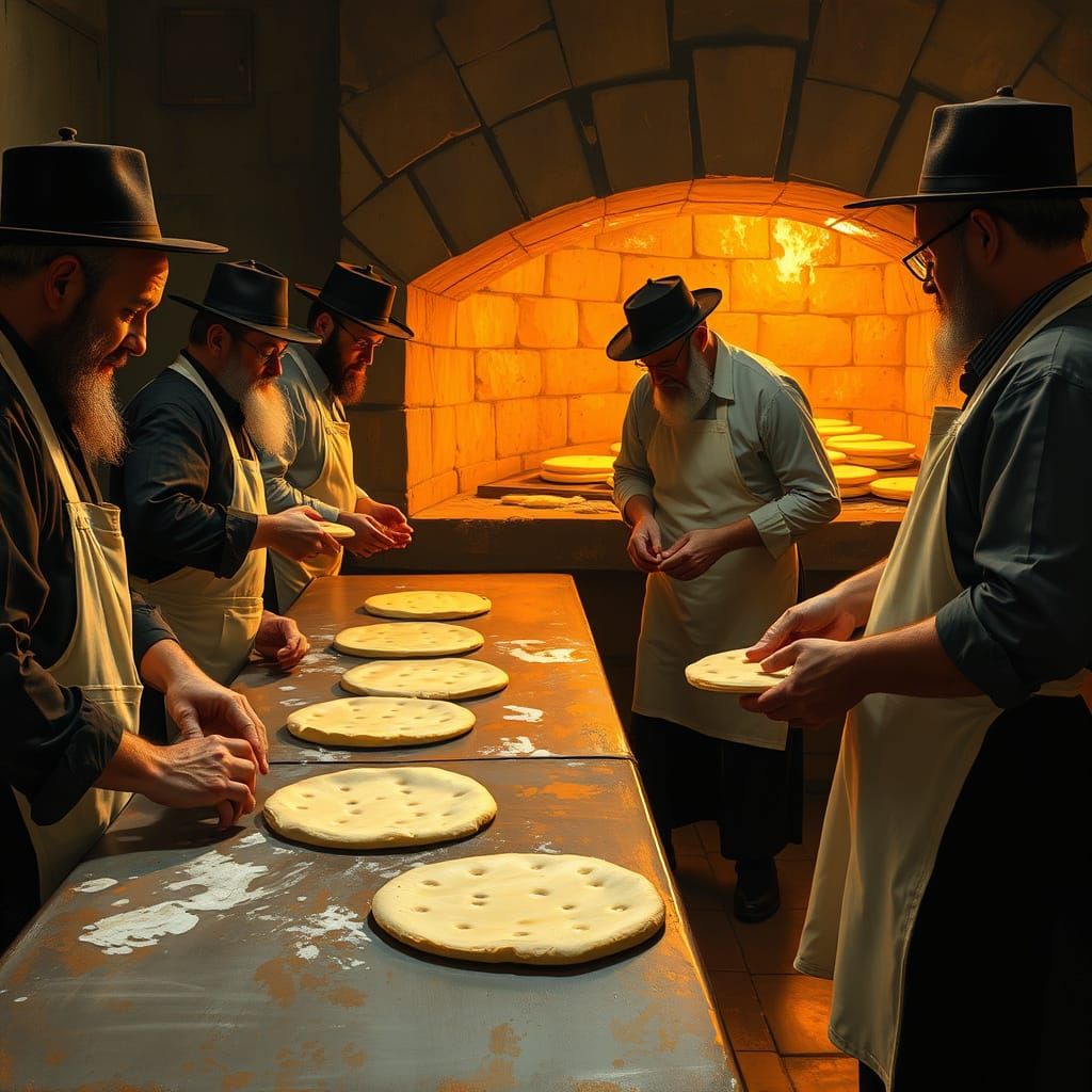 Traditional Haredi Artisans Prepare Matzo in a Bustling Bake...