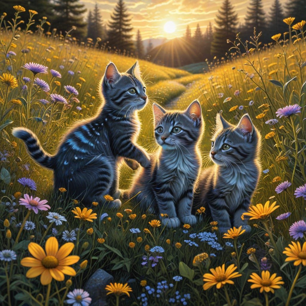 Kittens Playing in Bending Meadow: Escher-Inspired Surrealis...