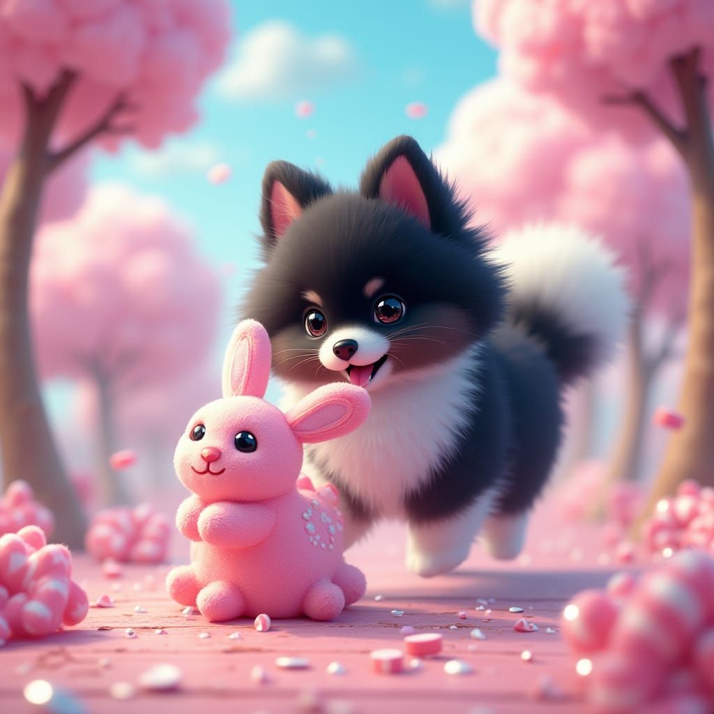 Whimsical Pomeranian Chases Cotton Candy Bunny in Vibrant Ca...