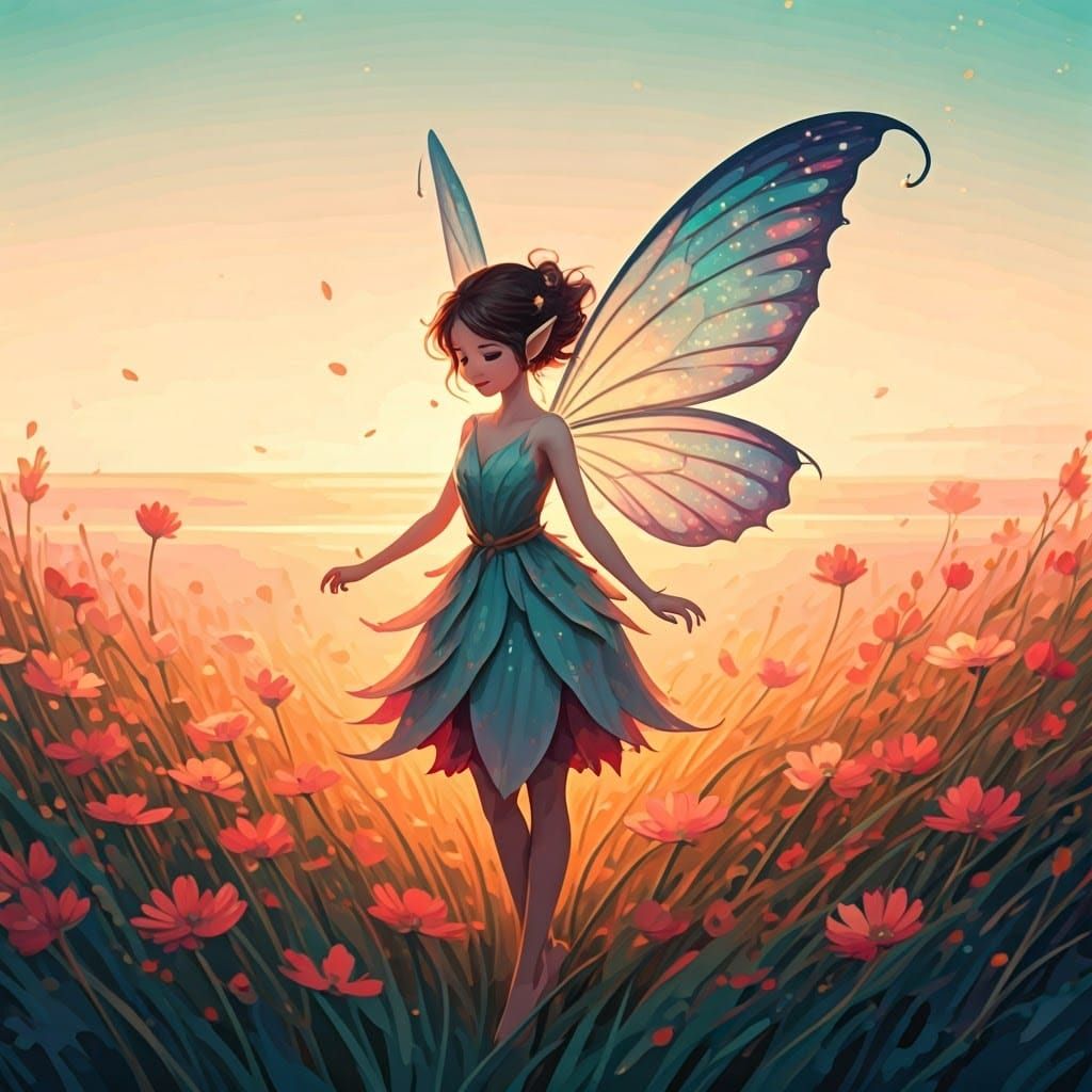 Whimsical Fairy Dances Amidst Blooming Wildflowers in Dreaml...