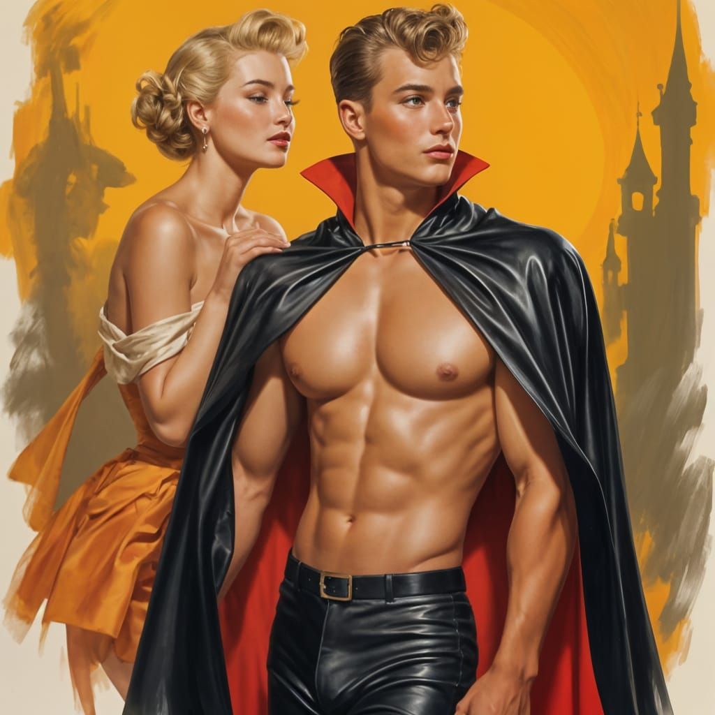 1950s Halloween Pin-Up: Muscular Man and Mischievous Woman