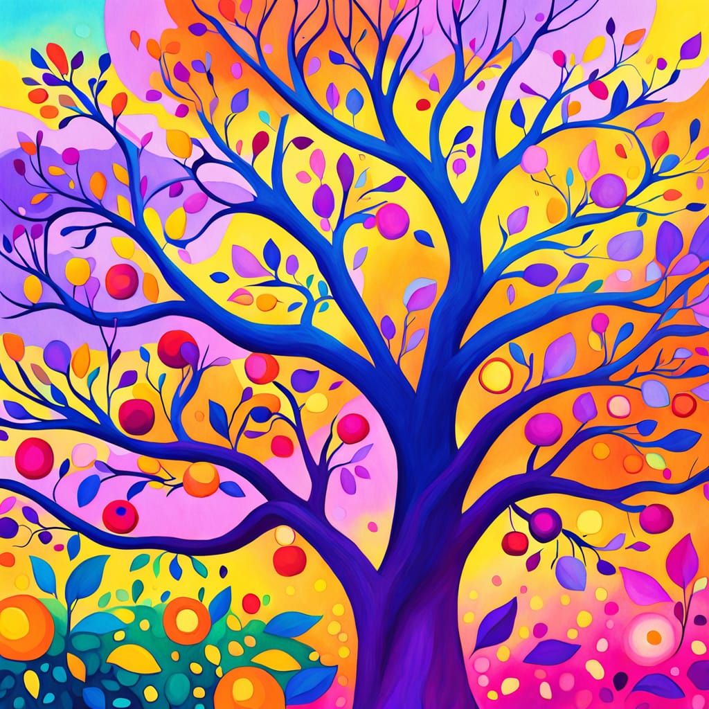 Dreamlike Apple Tree in Vibrant Purple and Yellow