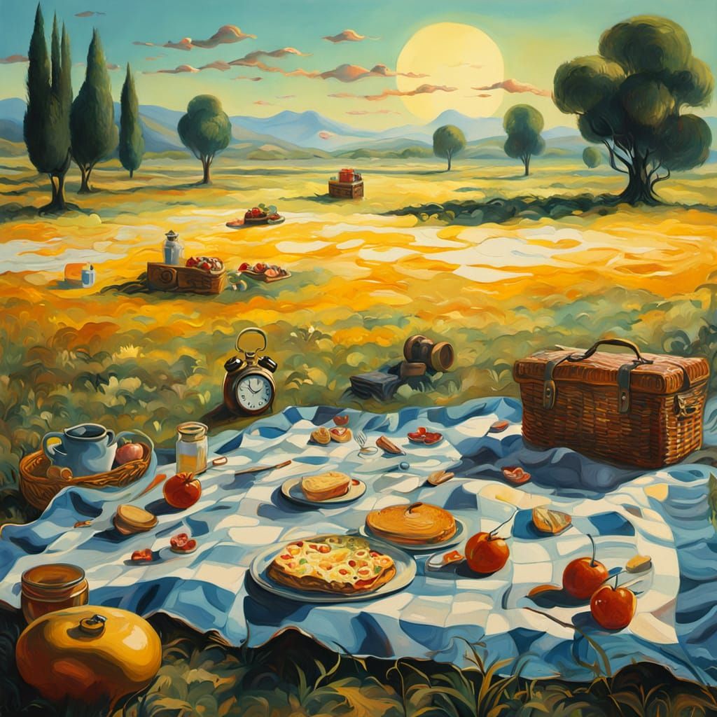 Surreal Picnic with Melting Clocks as Impasto Painting