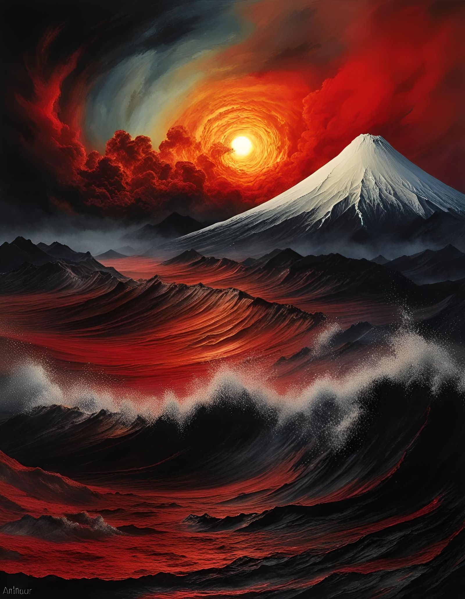 Volcanic Tornado Eruption at Red Sunrise