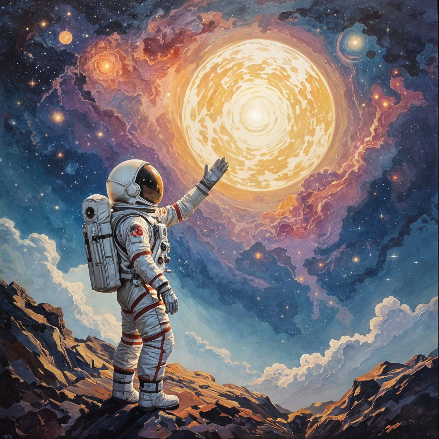 Astronaut Reaching for Glowing Planet in Nebula