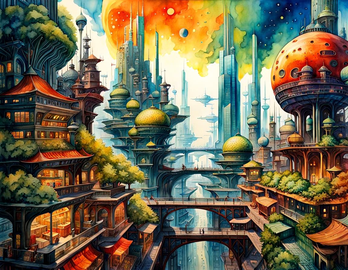 Utopian Cityscape in Watercolor Painting Style