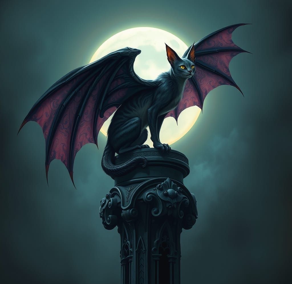 Whimsical Bat Cat in a Dark Fantasy Setting