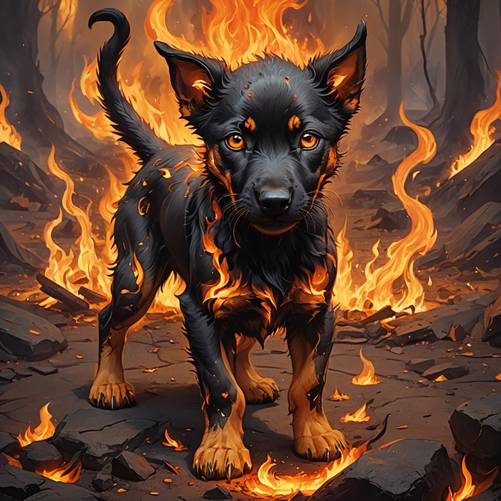 Hellhound Puppy in Ring of Fire: Fantasy Art