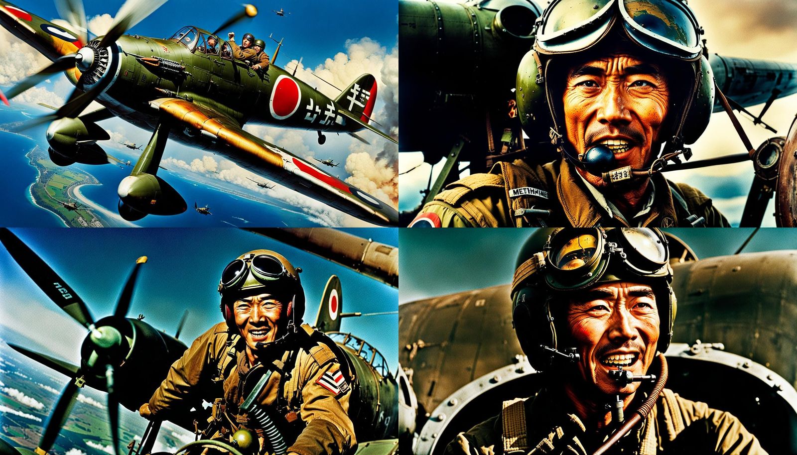 Close up of a wwii Japanese kamikazee pilot flying in action. He looks fierce, Hus teeth are showing grinding, his eye p...