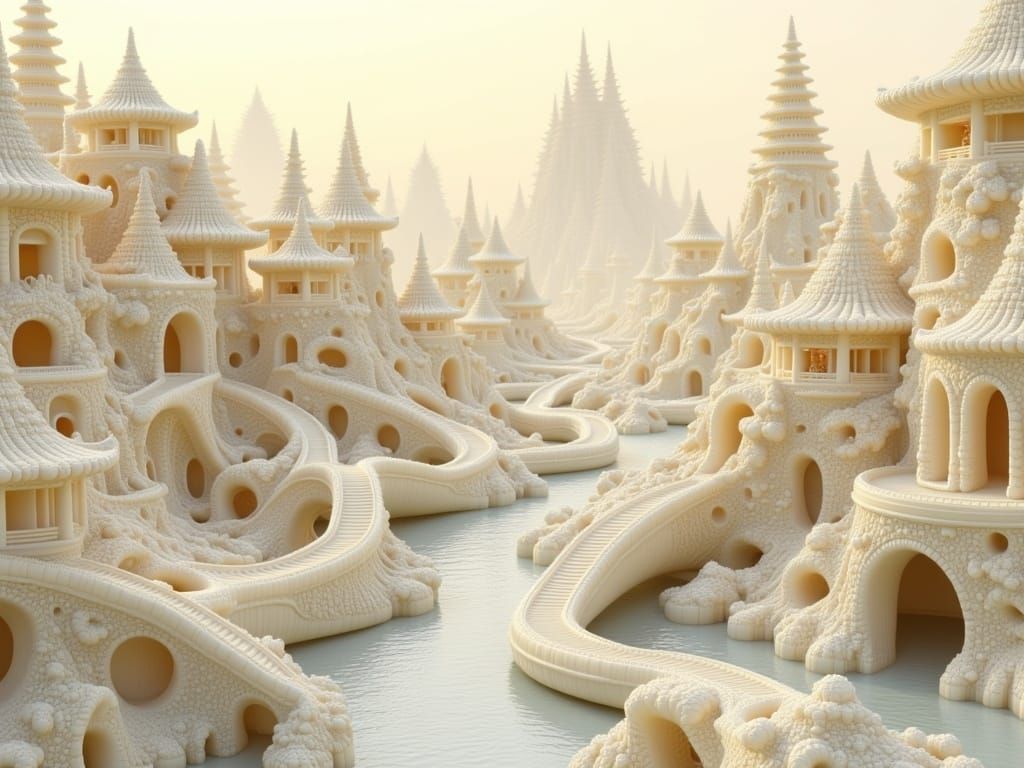 Ancient Cityscape Carved from White Jade in a Fantastical St...
