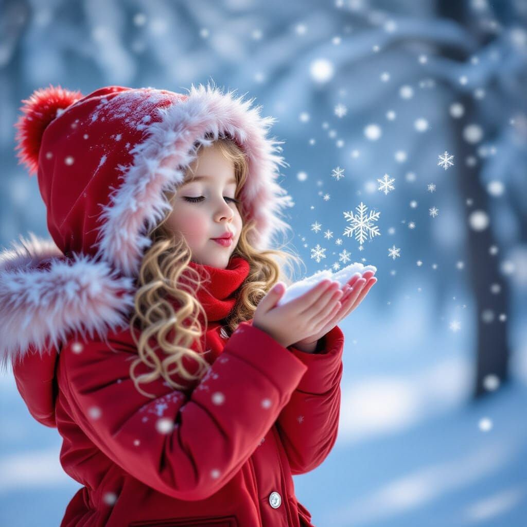 Girl in Red Coat Blowing Snowflakes in Magical Forest
