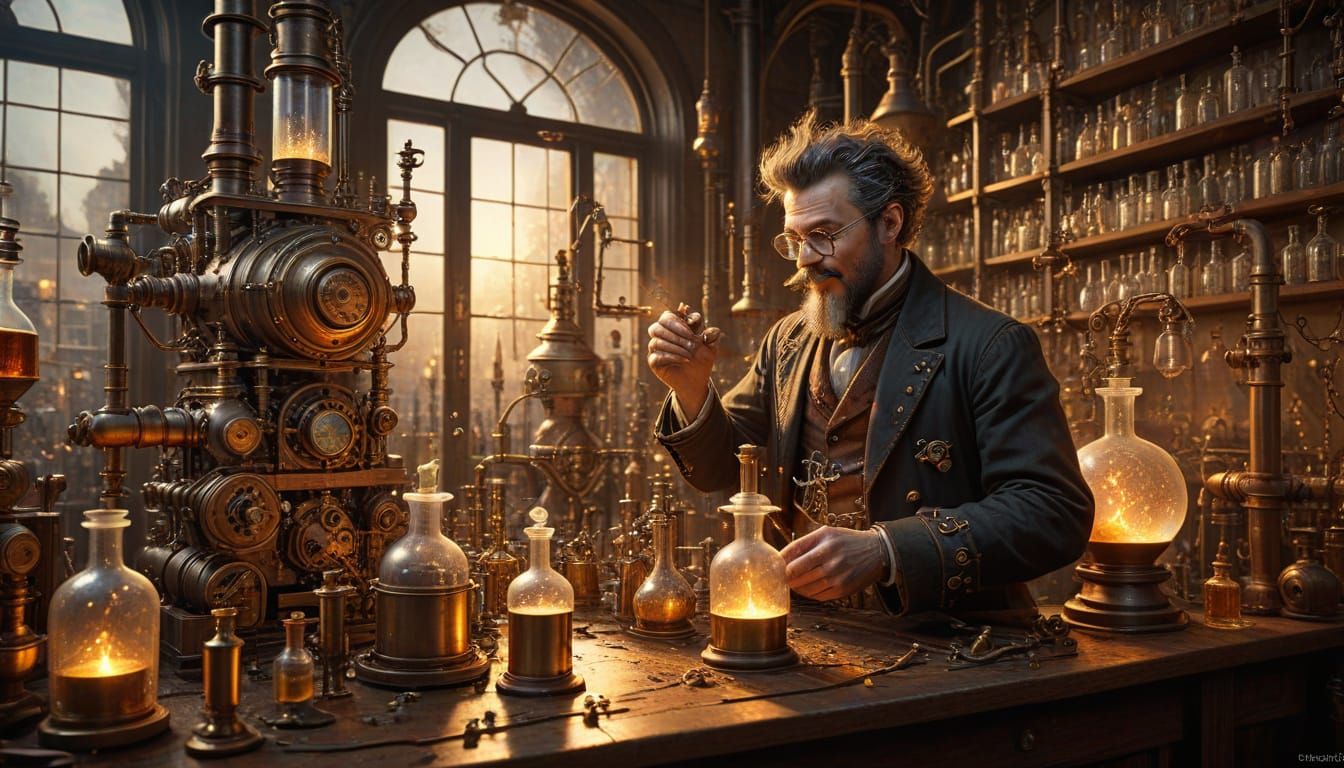 Whimsical Steampunk Chemist in Golden Hour Lab