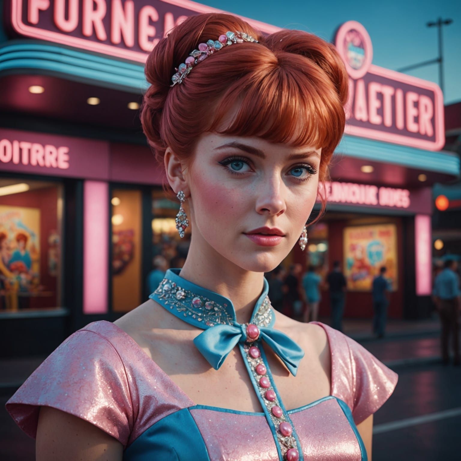 1960s Woman Outside Movie Theater in Detailed Painting