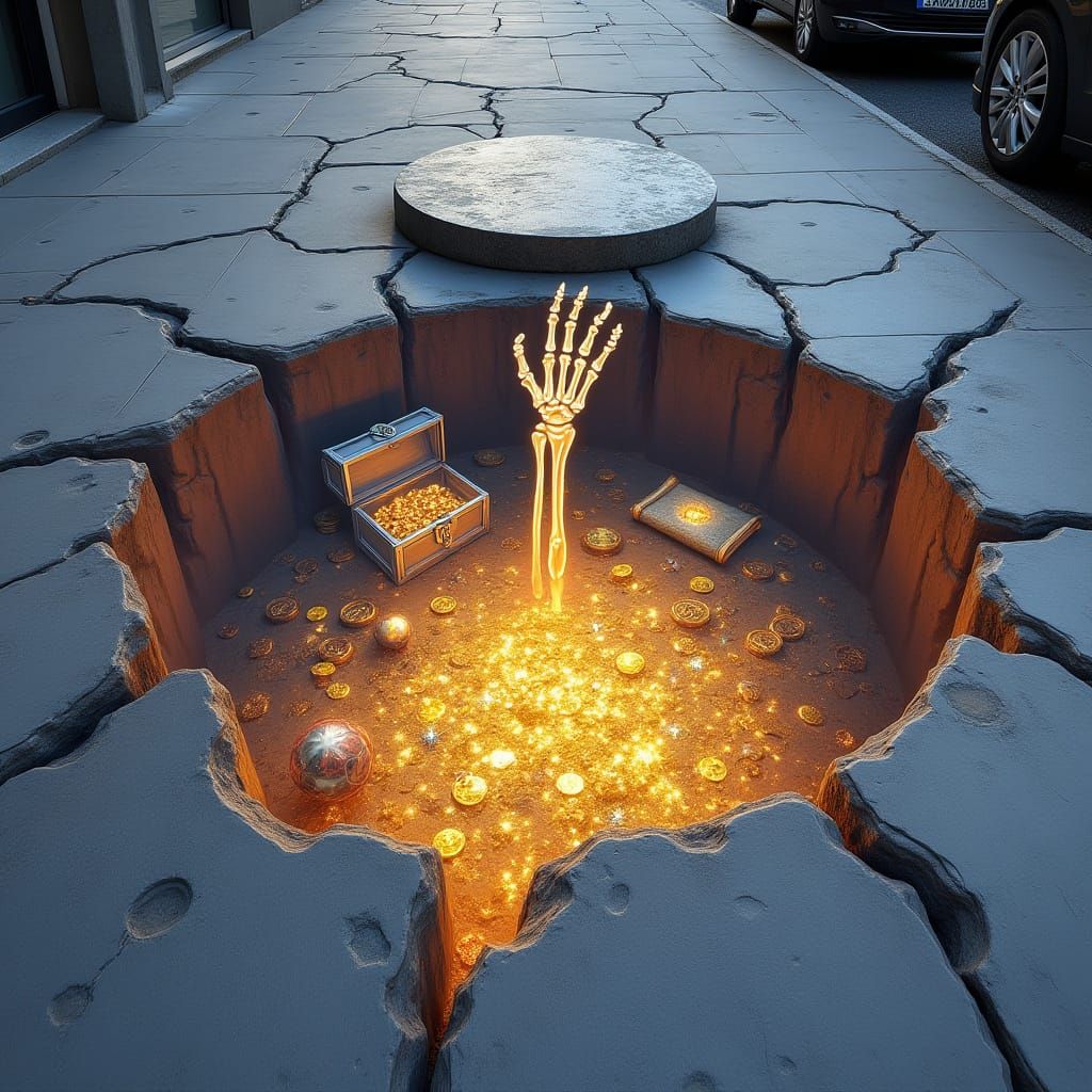 Surreal Chalk Art Masterpiece on Cracked Sidewalk with Glowi...