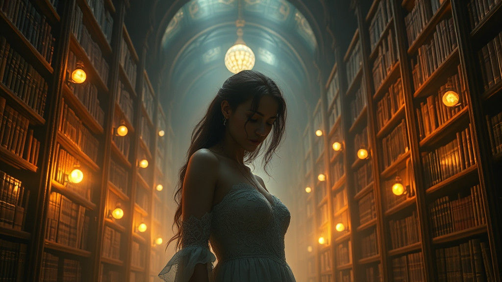 Mystical Library Scene with Alina, Hyper-Realistic Detail