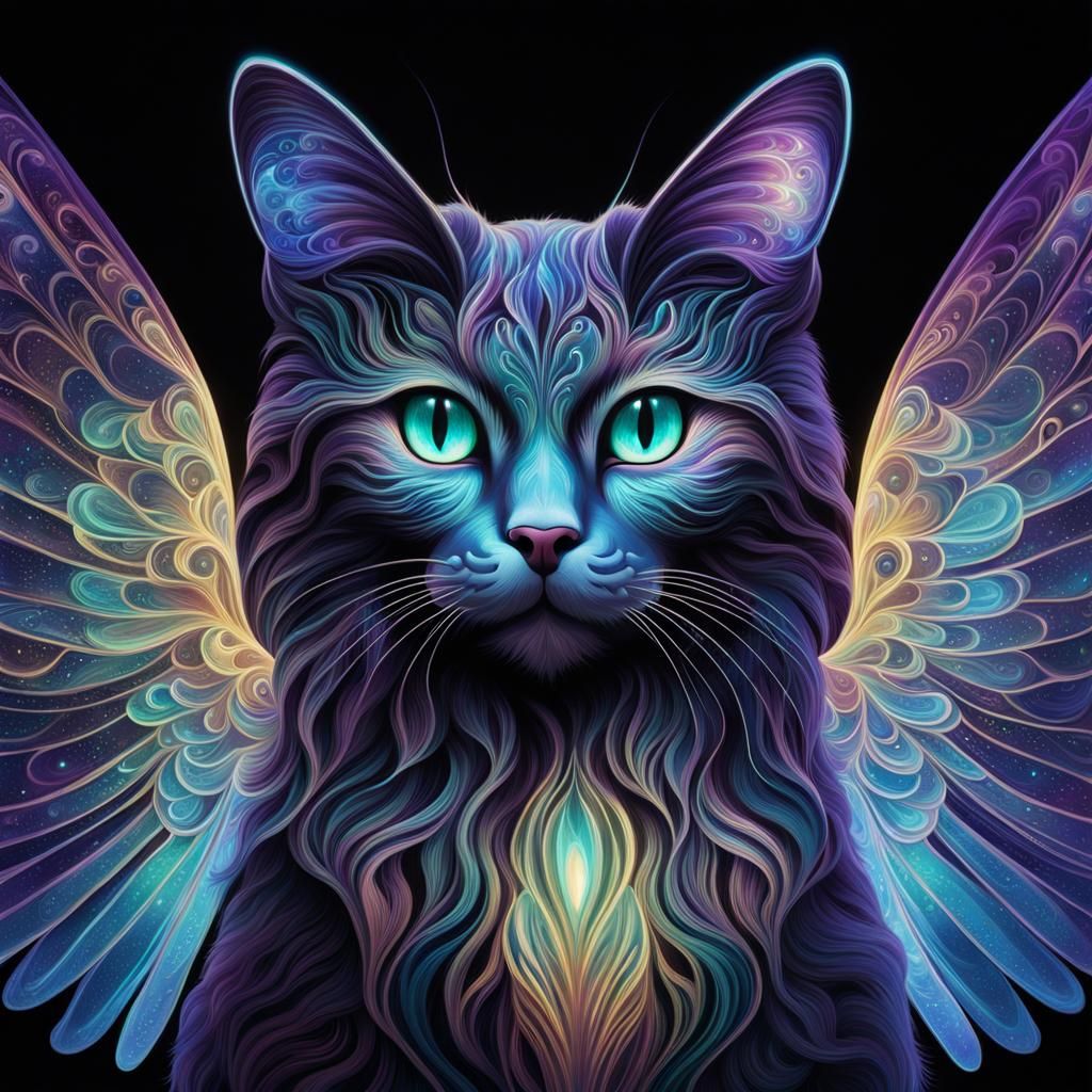 Iridescent Winged Cat with Glowing Highlights