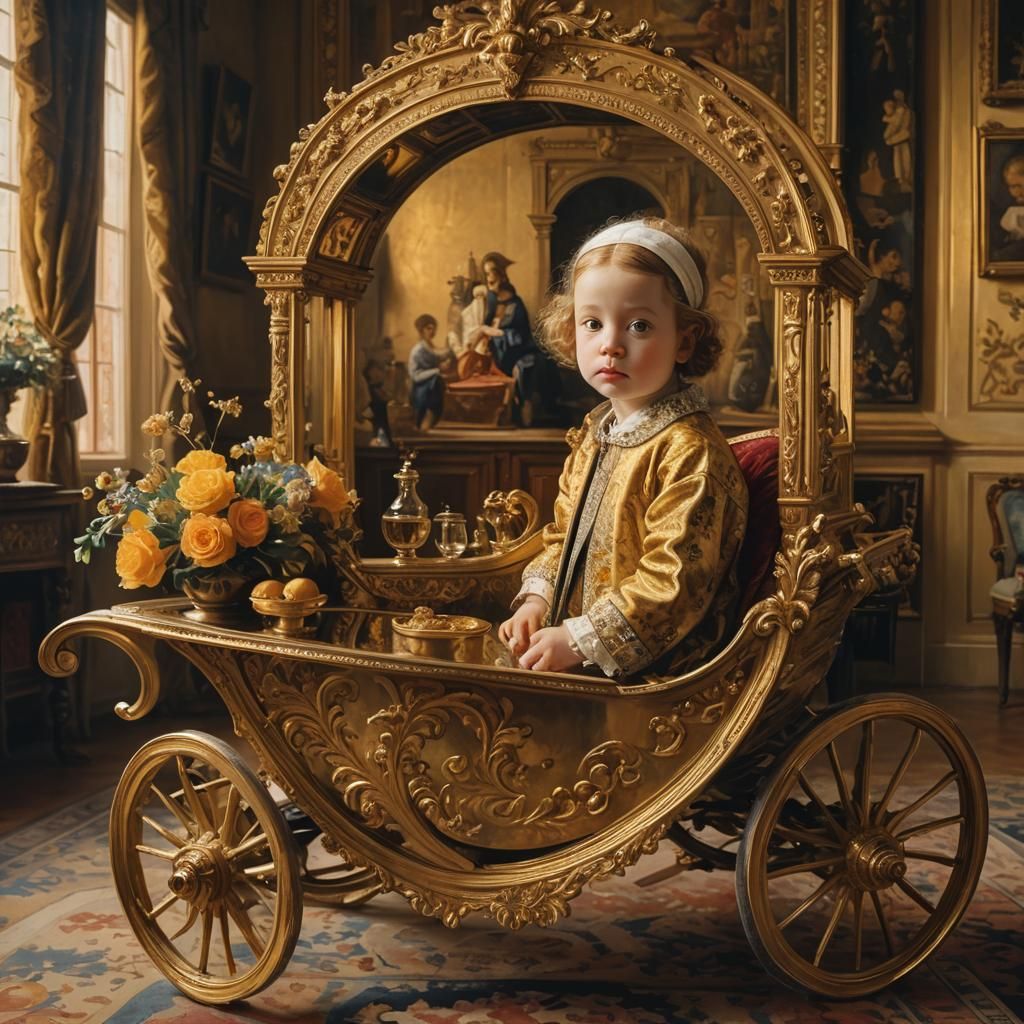 Baby in Golden Cart: Dutch Masters Oil Painting