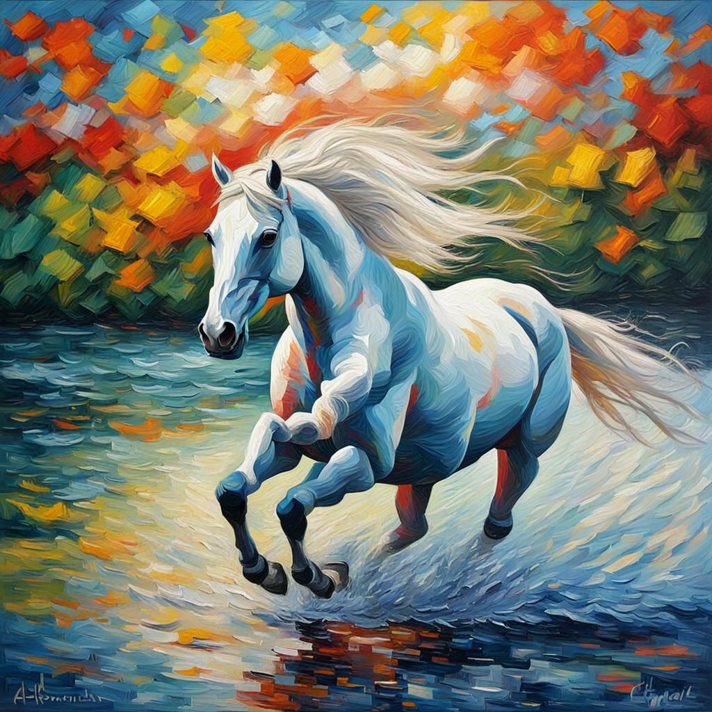 White Horse Runs on Water: Impasto Oil Painting