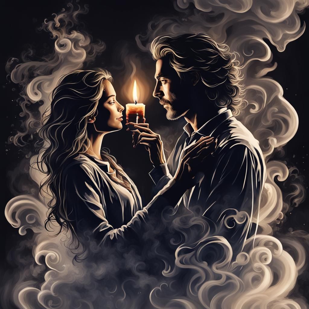 (PiCat @PiCat prompt author) Realistic depiction of a romantic couple formed by candle smoke, the lovers completely made...