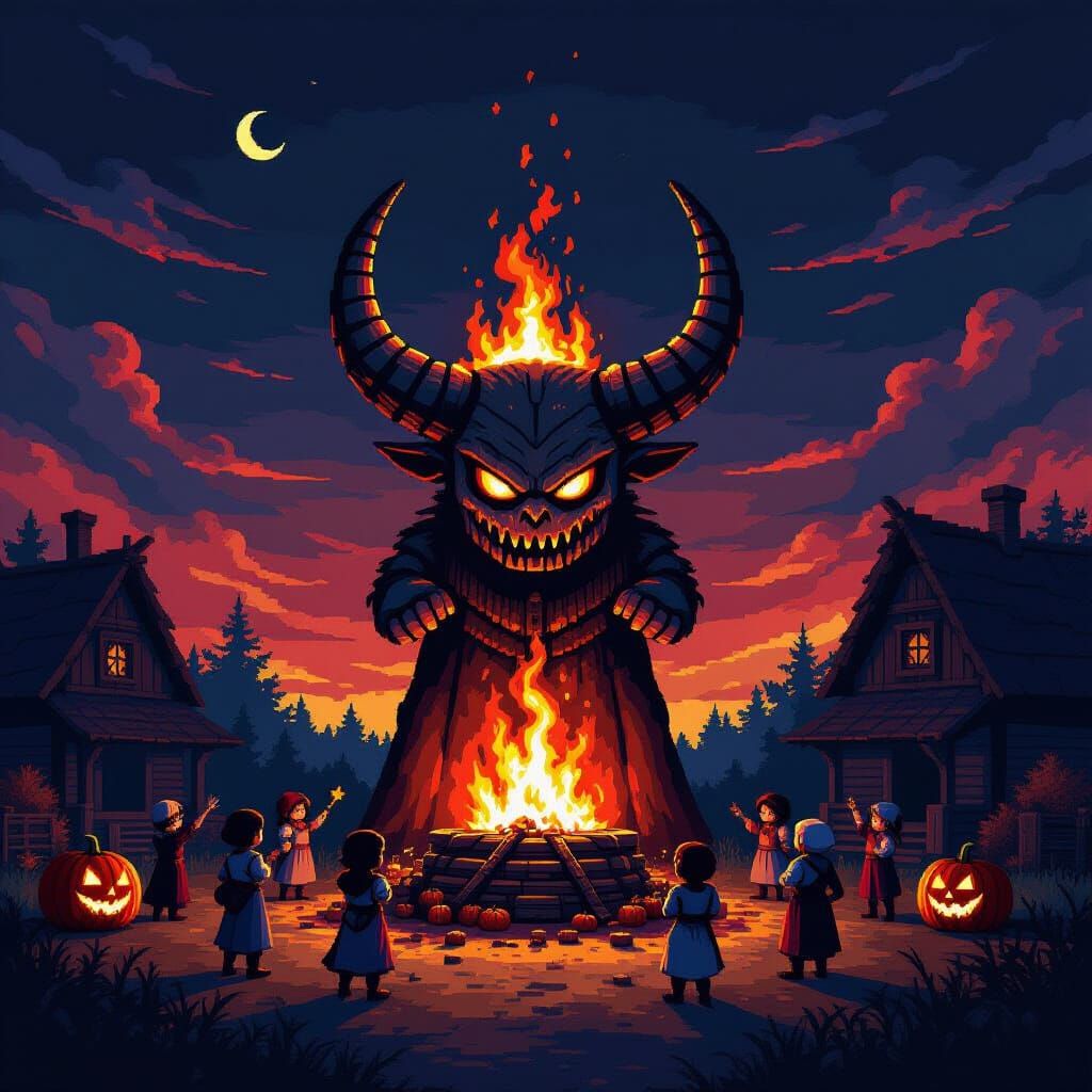 8-Bit Pixel Art of Harvest Festival with Burning Effigy