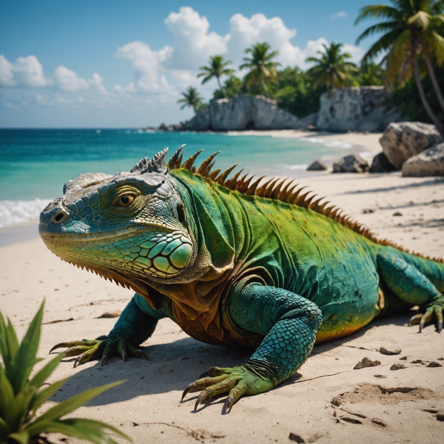 Colorful Iguana on Cuban Shore: Fantasy Concept Art