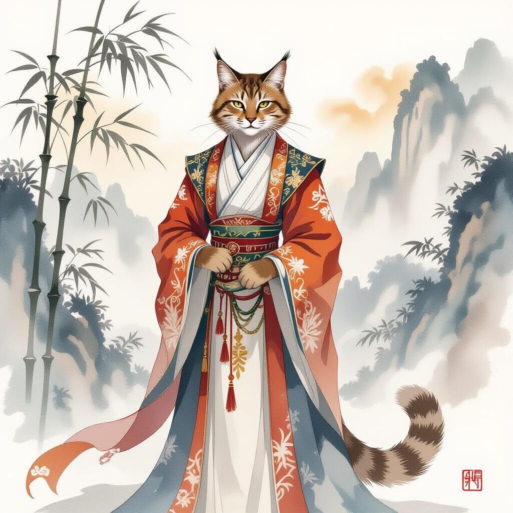Elegant Brown Cat Noble in Traditional Chinese Watercolor St...