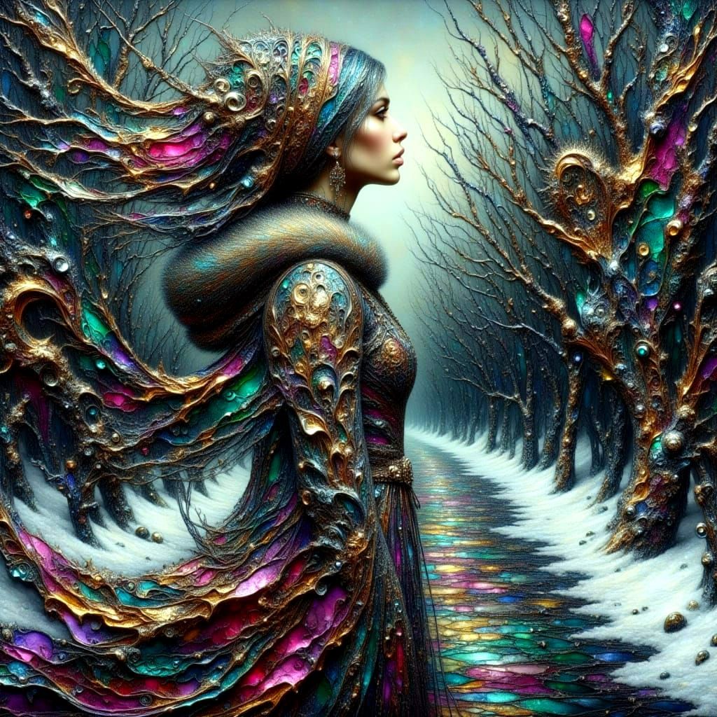 Metallic Figure in Impasto Oil Painting Style