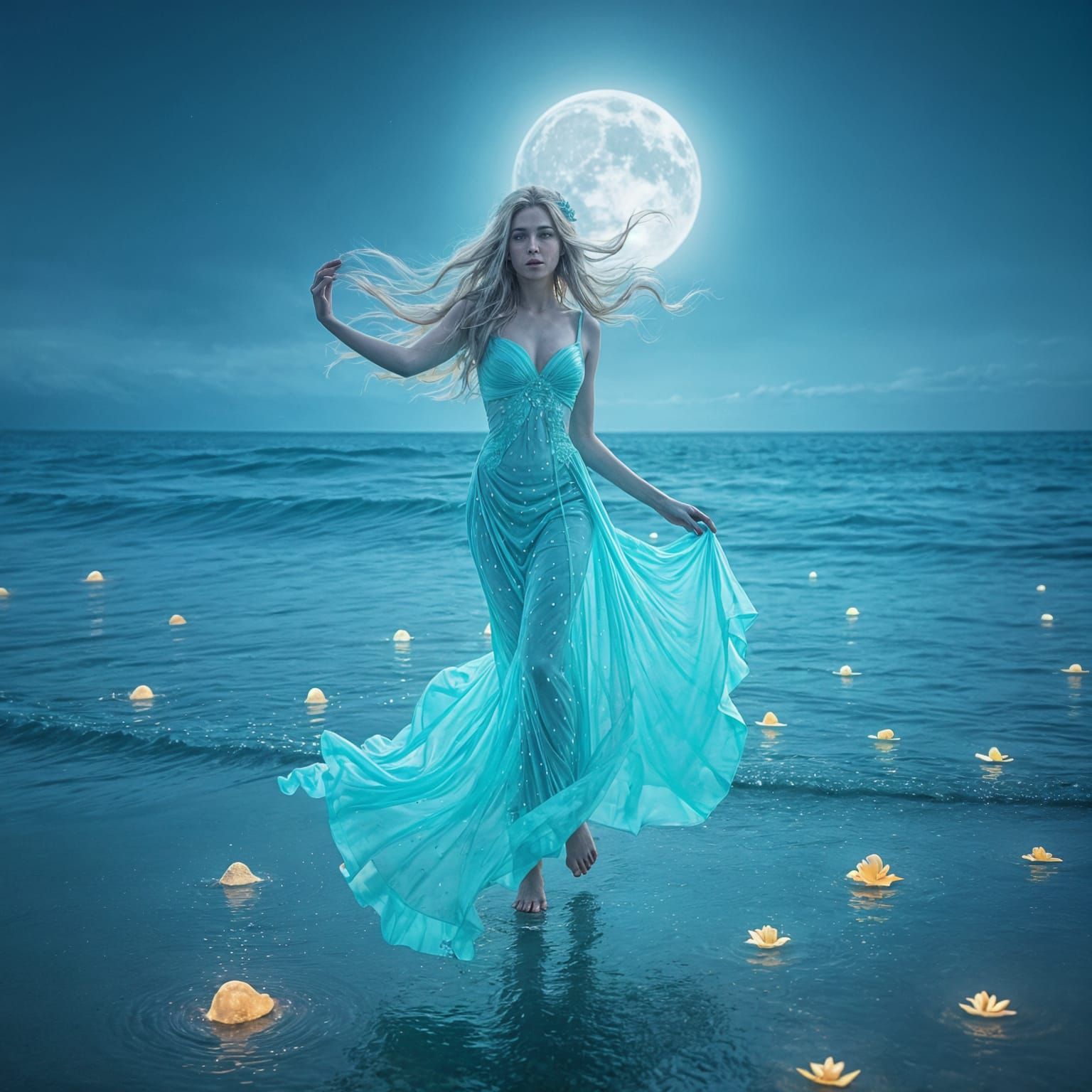 Bioluminescent Sea Goddess on Moonlit Shore