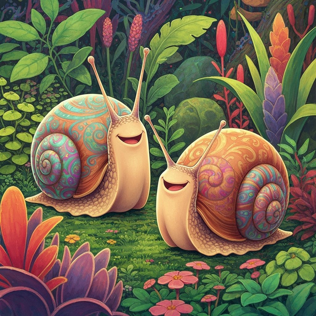 Joyful Elemental Snails in Lush Fantasy Landscape