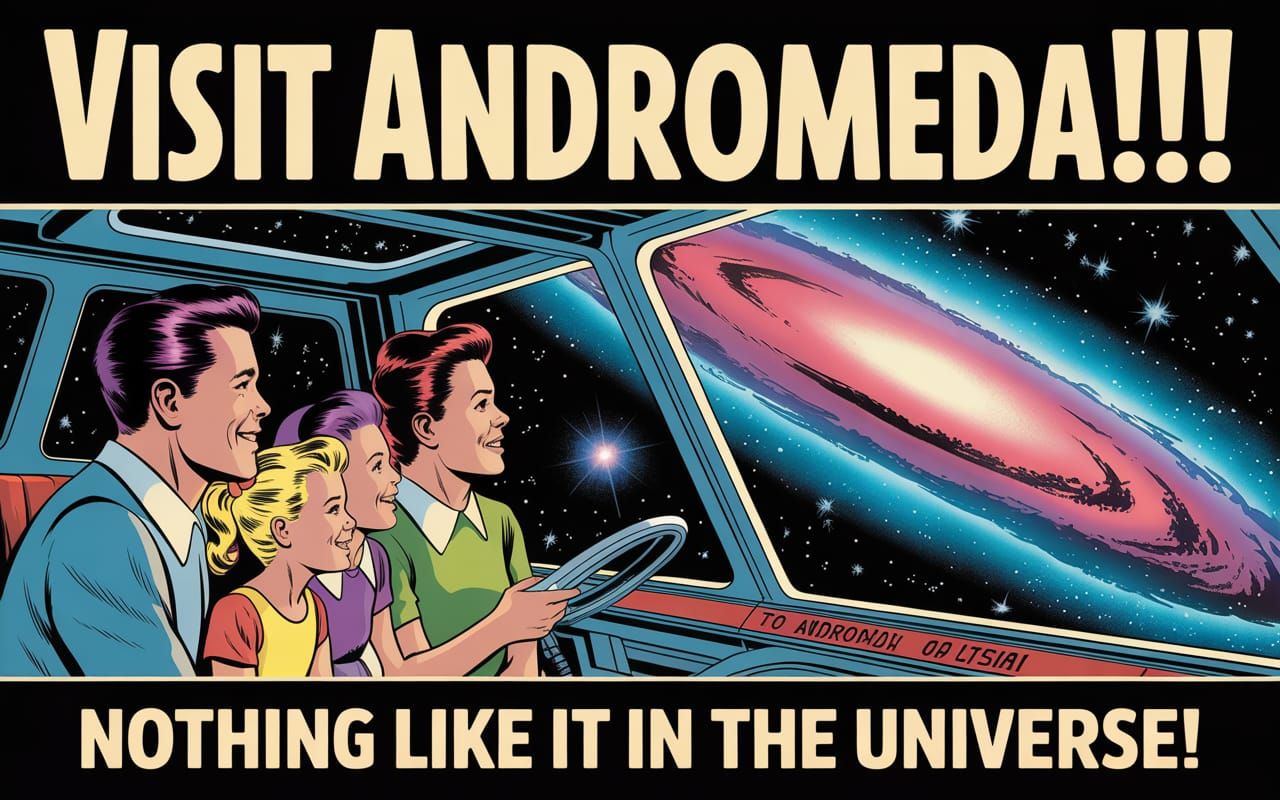 A 1950s style Travel Poster advertising a trip to the Andromeda Galaxy in your own personal spaceship.