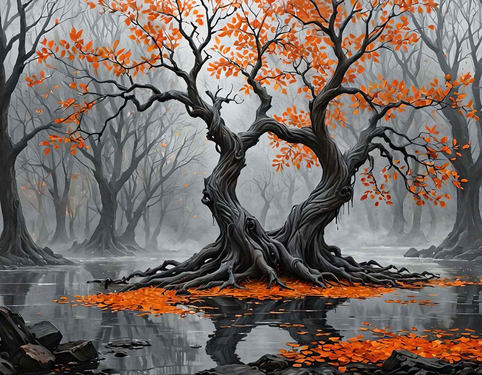Breathtaking Digital Oil Painting of a Tree in Fiery Orange ...