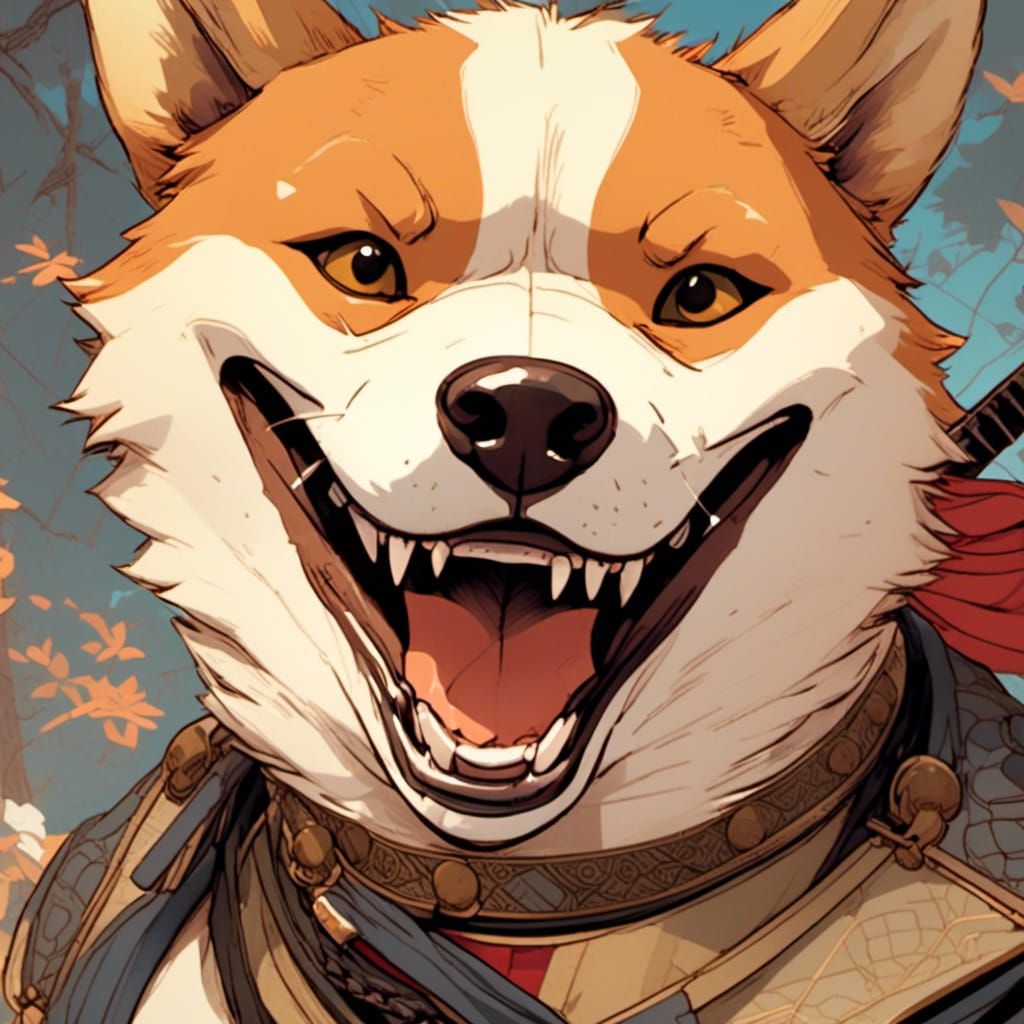 Samurai Shiba Inu Laughing Hysterically in Anime Style